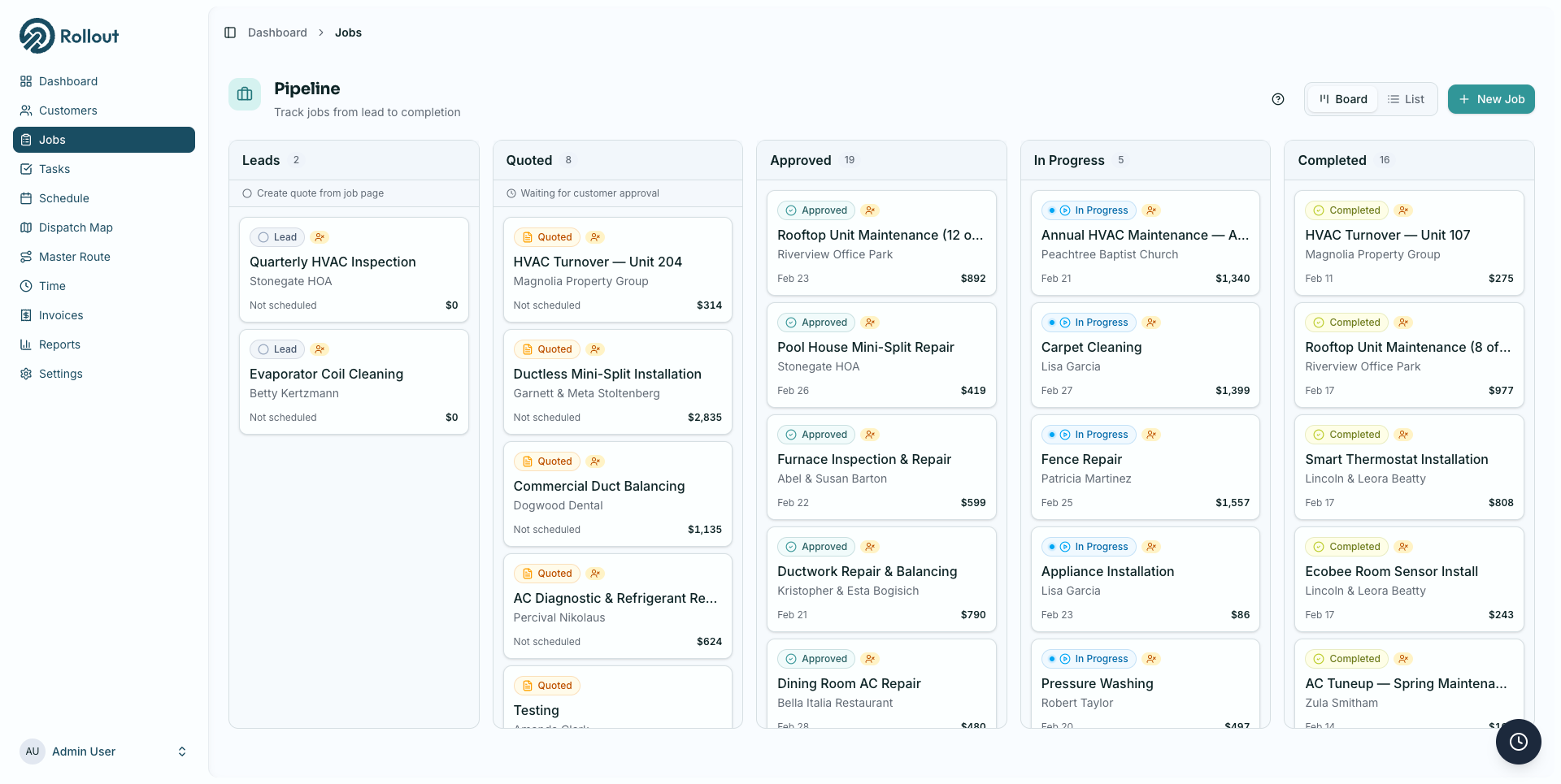 Track jobs from lead to completion